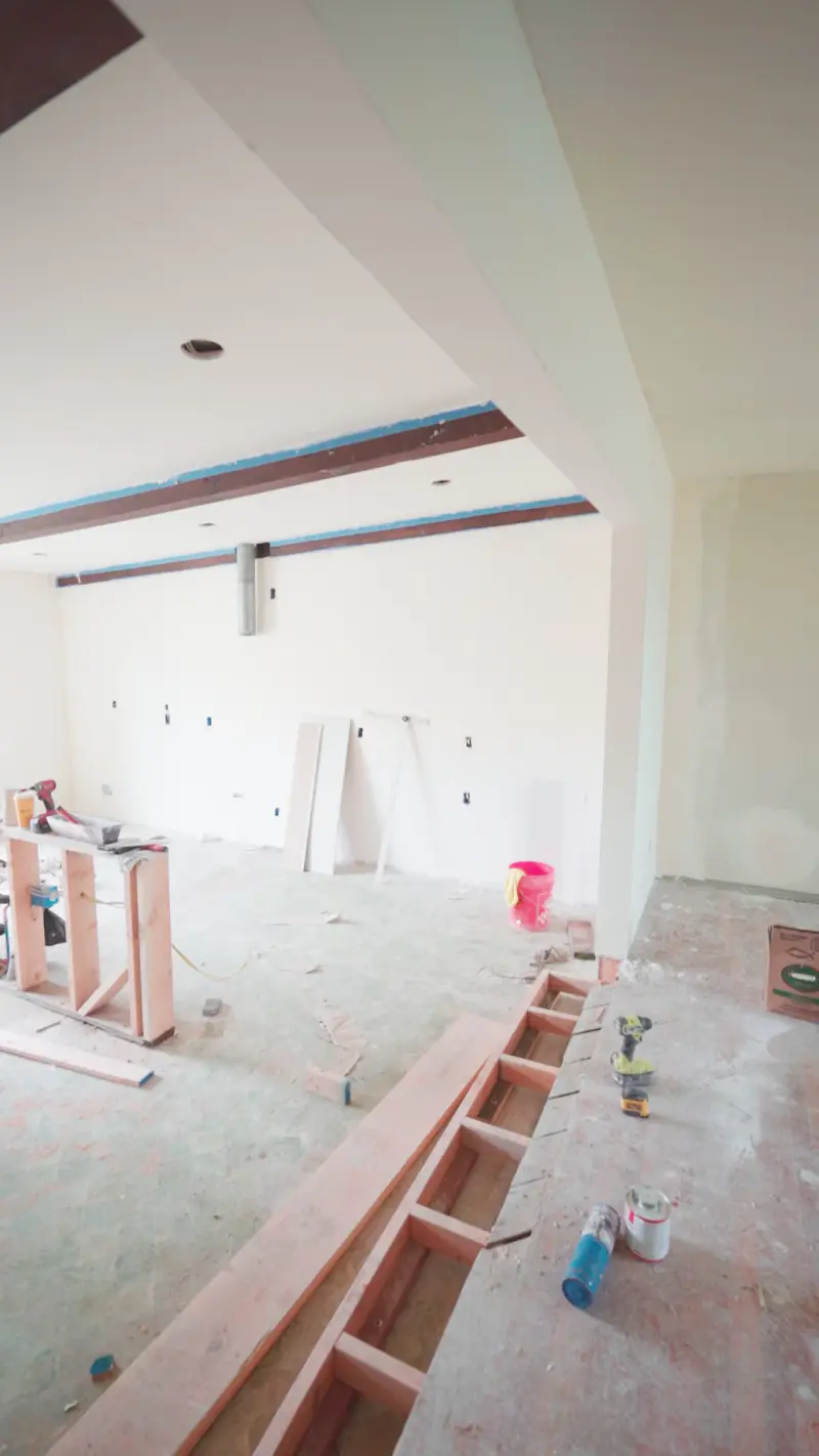 Open plan with the new island framed and ceiling beams exposed